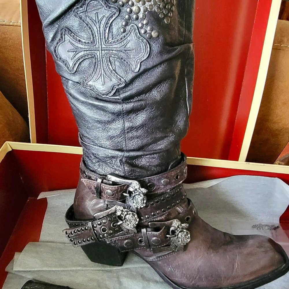 Mark Nason Triple Strap Rose Buckle Boots